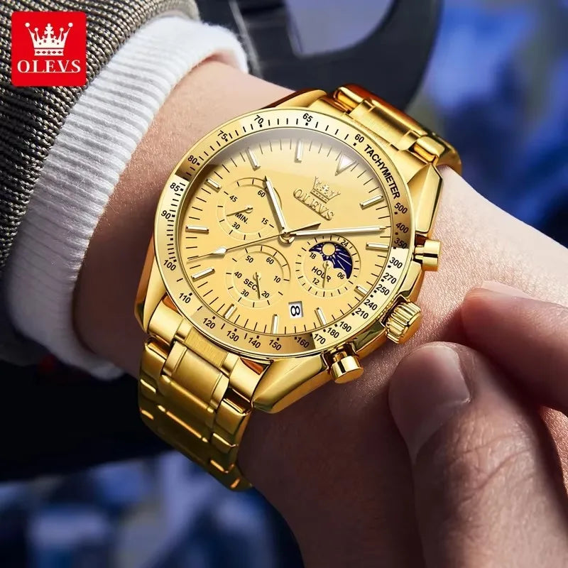 OLEVS Watch for Men 3618 Quartz Stainless Steel Waterproof Moon Phase Chronograph Man Wrist Watch Calendar Men's Watches Montre