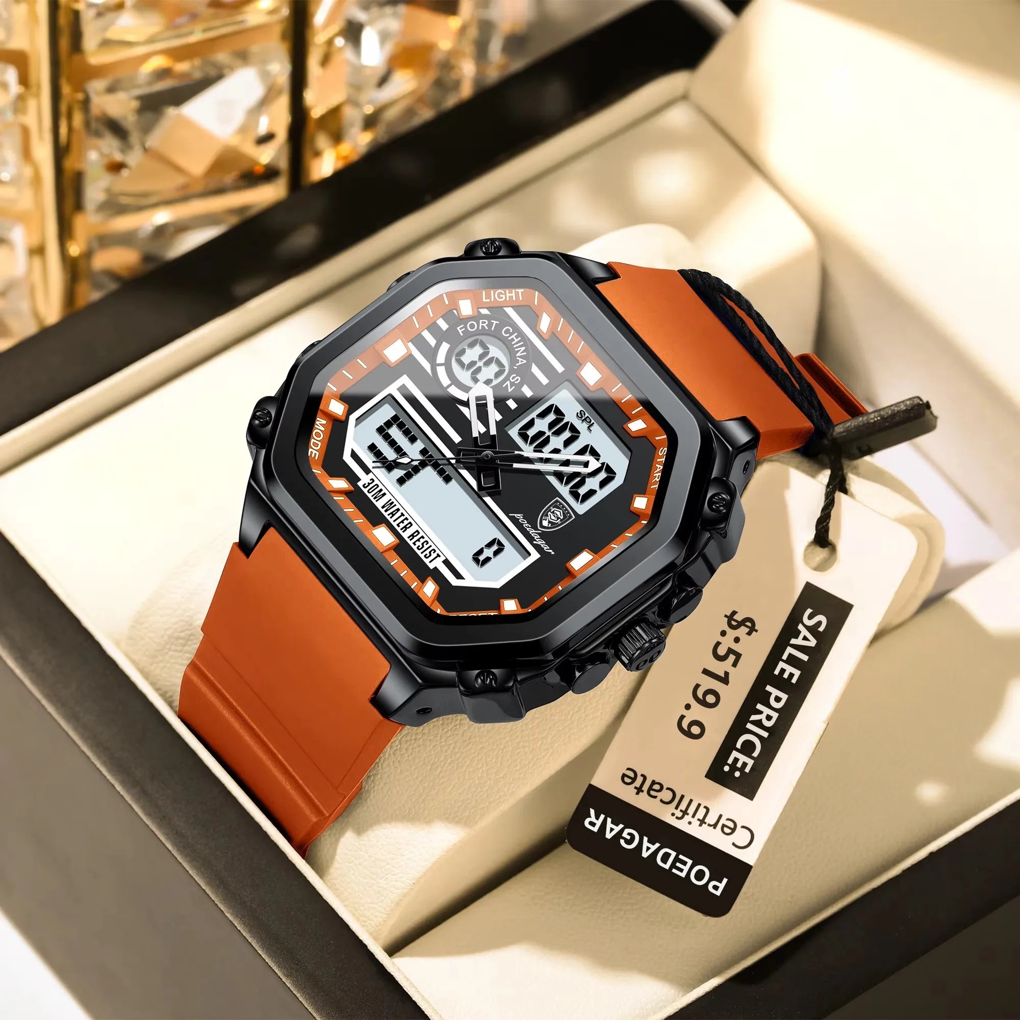 POEDAGAR 993 Sports LED Men Watch Waterproof Luminous Week Date Square Wristwatch Silicone Strap Electronic Quartz Men's Watches