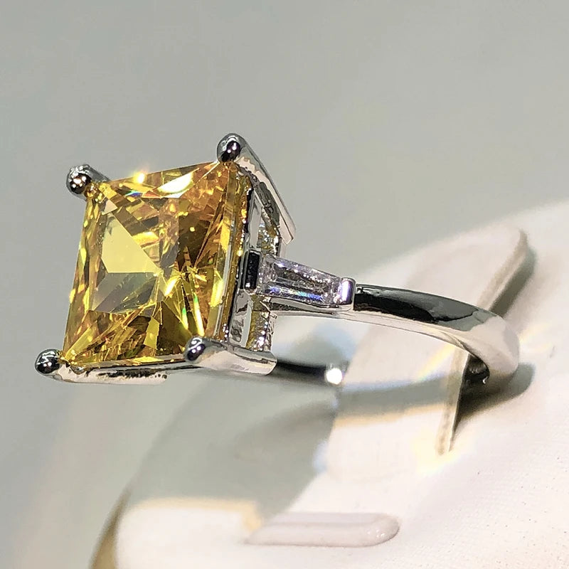 925 Silver Cute Female Yellow Stone Ring Silver Color Wedding Jewelry Crystal Promise Engagement Rings For Women