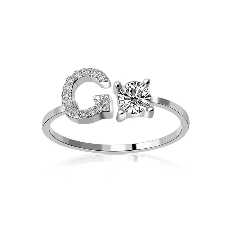 Fashion Jewelry 26 Letter Rings For Women Lady Creative Cubic Zirconia Open Finger Ring Silver Color Party Gifts