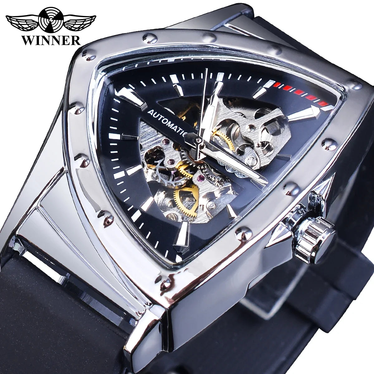 WINNER Sport Style Men's Watches Transparent Mechanical Watch Triangle Automatic   With Luminous Pointers