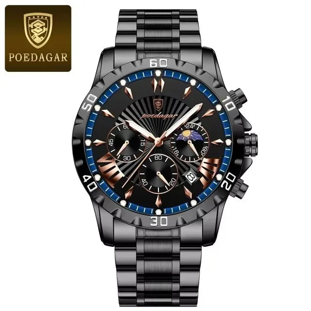 POEDAGAR 968 Sports Watch Men Quartz Waterproof Luminous Date Chronograph Men's Watches Stainless Steel Man Watch Male Clock