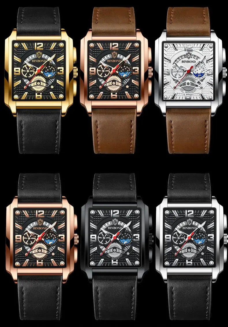 Binbond B6575 6575 Watch Stainless Steel Quartz Wrist Genuine Casual Square Waterproof Leather Belt Luminous Hands Men's Watches