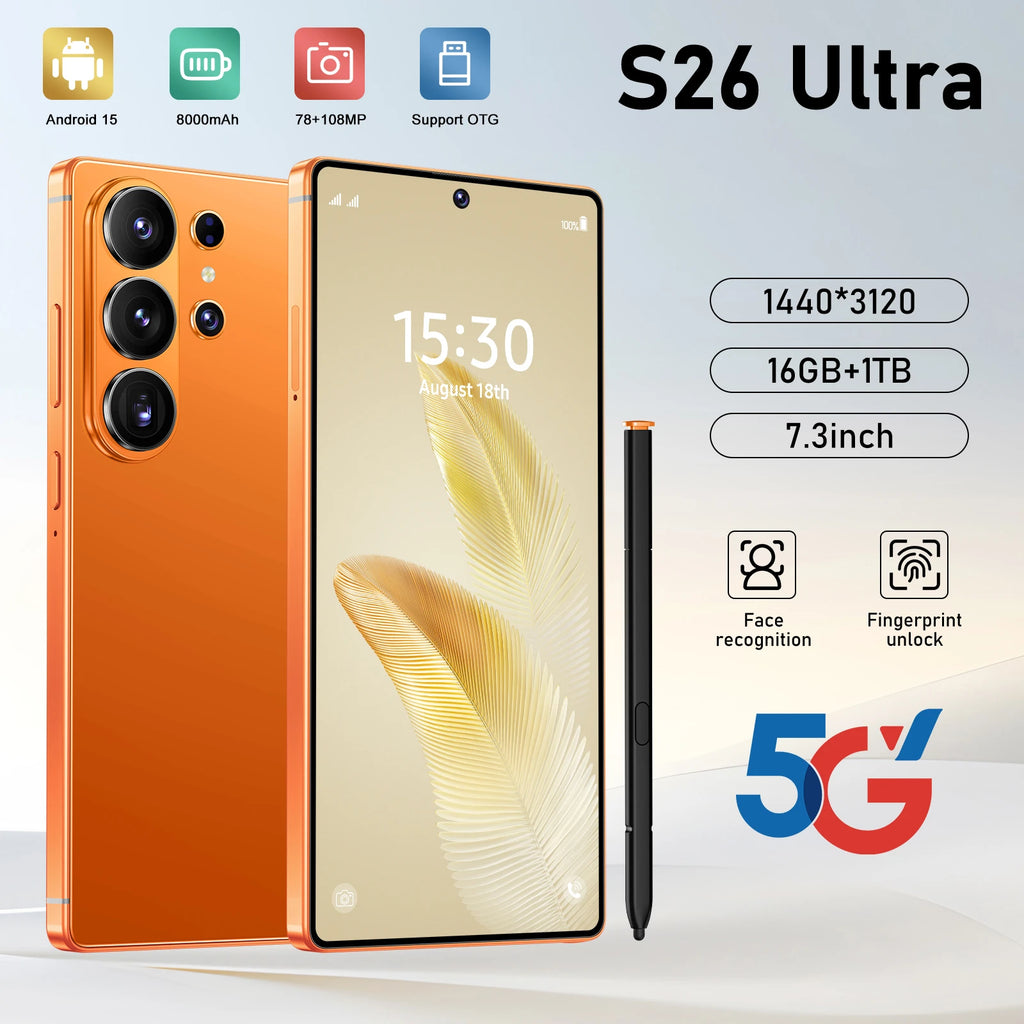 For S26 Ultra 5G Android 15 Octa Core Smartphone French OLED 144Hz Display Above 8000mAh Battery Gaming Phone