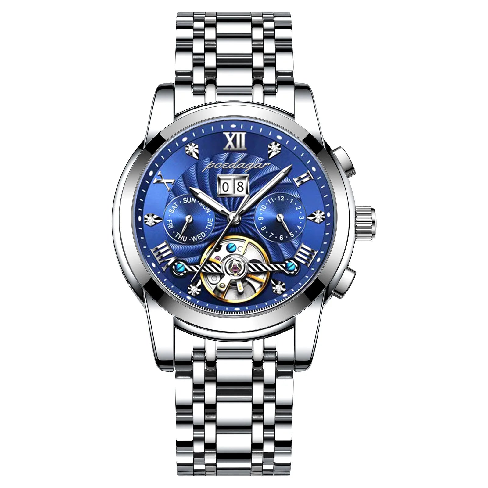 POEDAGAR 1408 Luxury Hollow Tourbillon Automatic Mechanical Men Wrist Watch Waterproof Date Stainless Steel Belt Men's Watches
