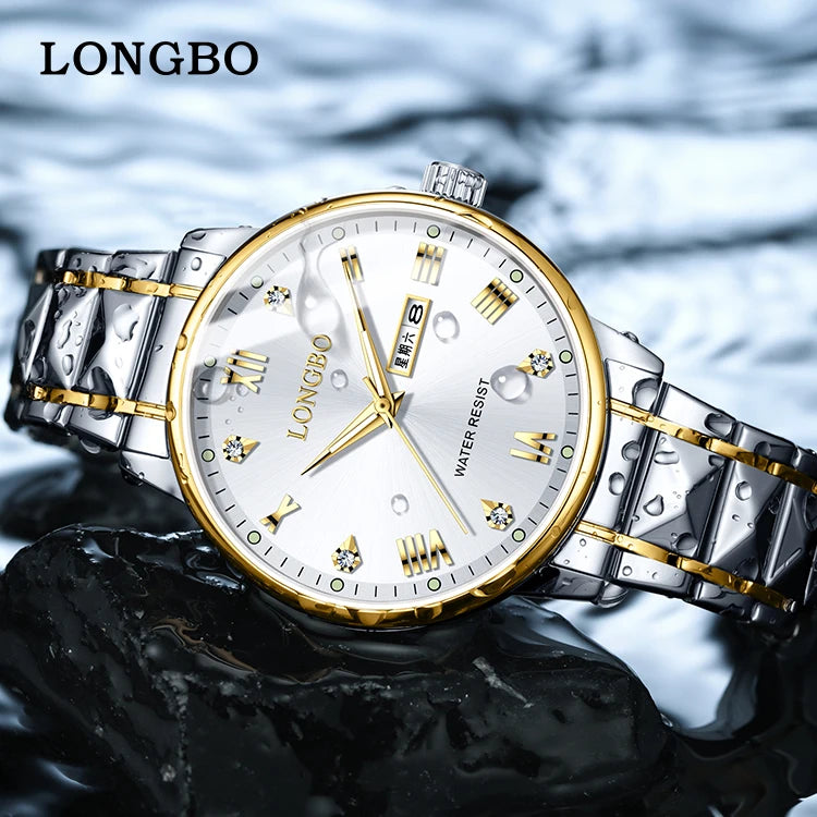 LONGBO 83702 New Arrival Quartz Men Watch Fashion Classic Stainless Steel Diamond Dial Gold Belt Dual Calendar for Men's Watches