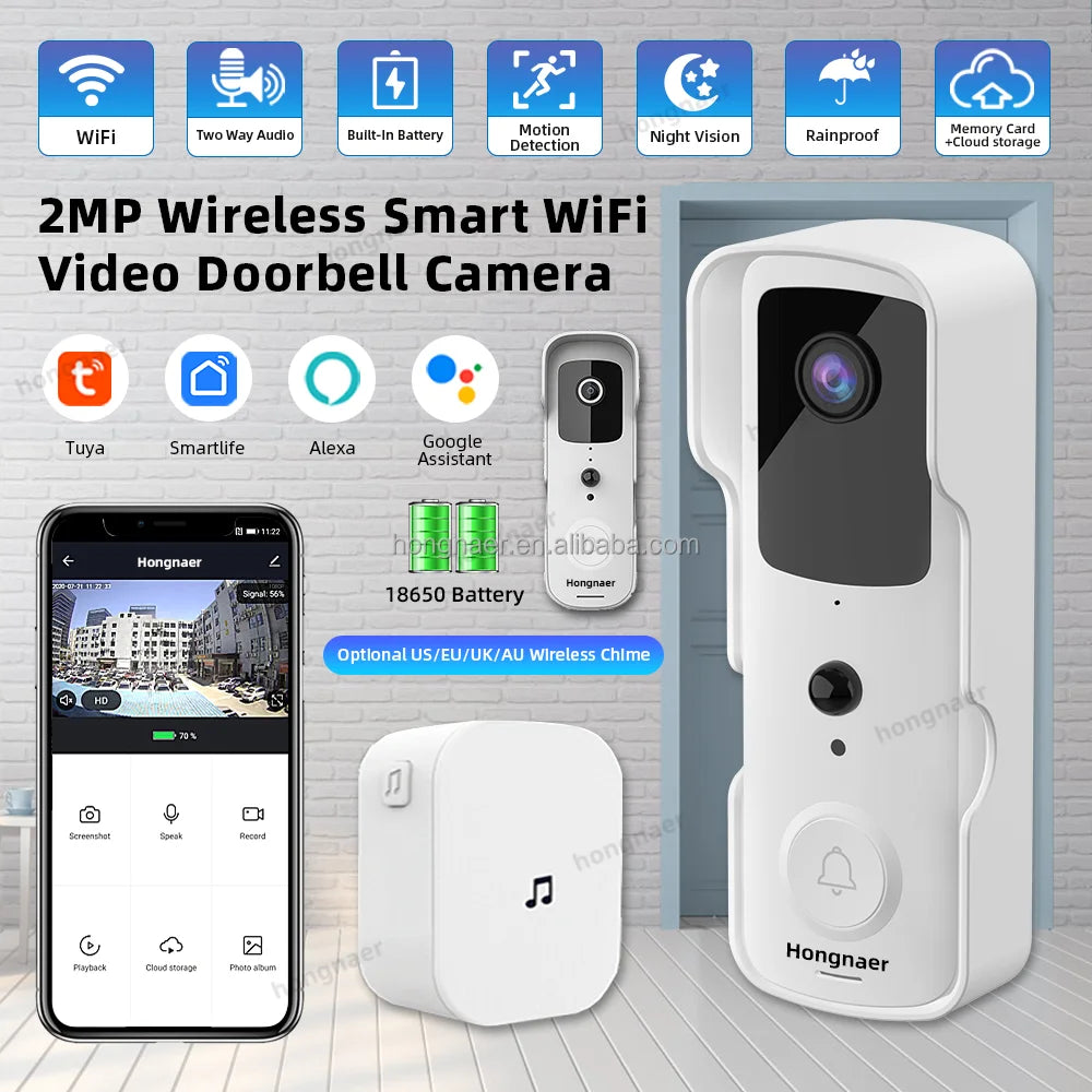 Hongnaer Outdoor HD 1080P Security Doorbell Ring Battery Door Bell IP Camera Home Tuya Smart WiFi Wireless Video Doorbell Camera
