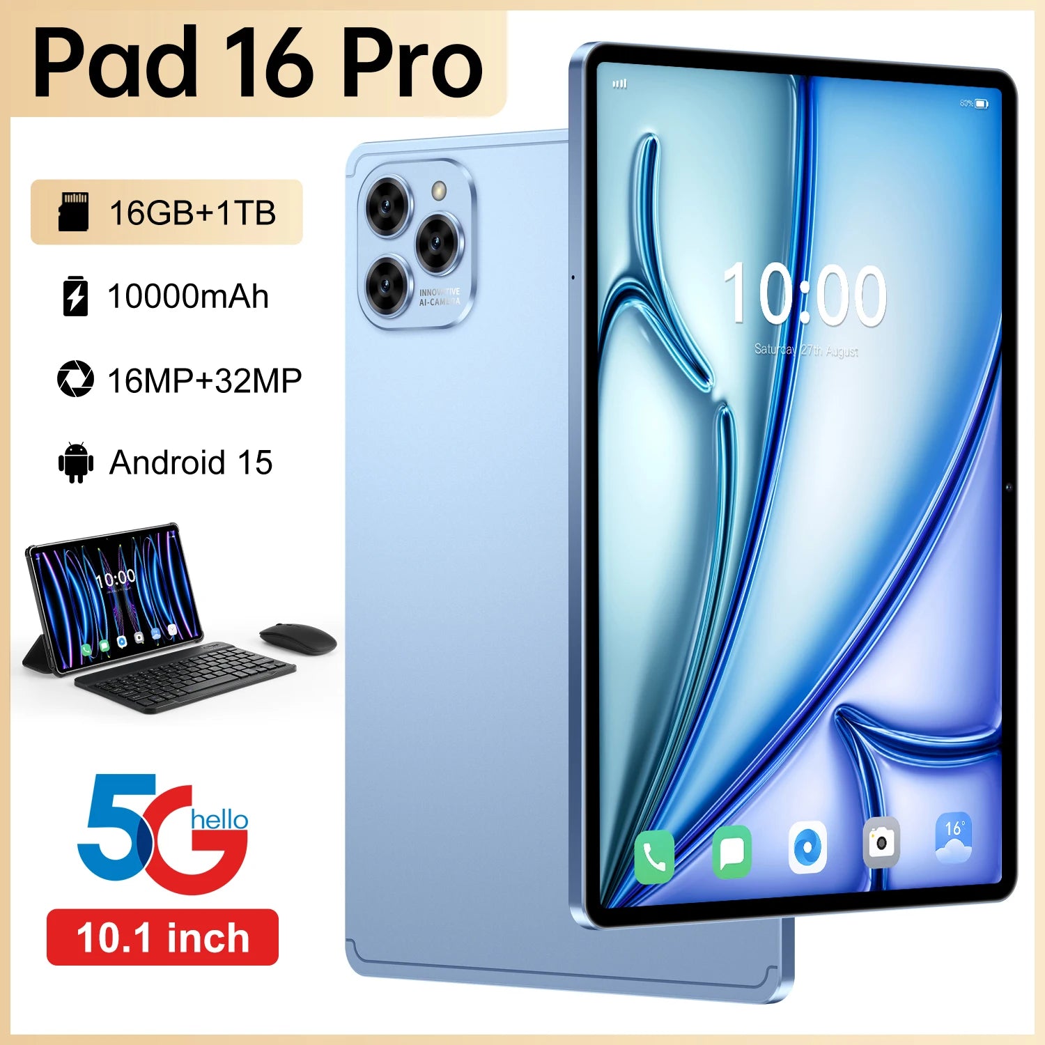 Wholesale 5GTablet Tablet for Pad 16 Pro | 10.1" 16GB+1TB Android 15 | 10000mAh Battery 5G WiFi
