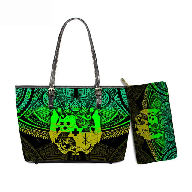 Hawaiian Flower Polynesian Design Print Women Handbags and Purses Set Customized Large Leather Tote Matching Long Zipper Wallet