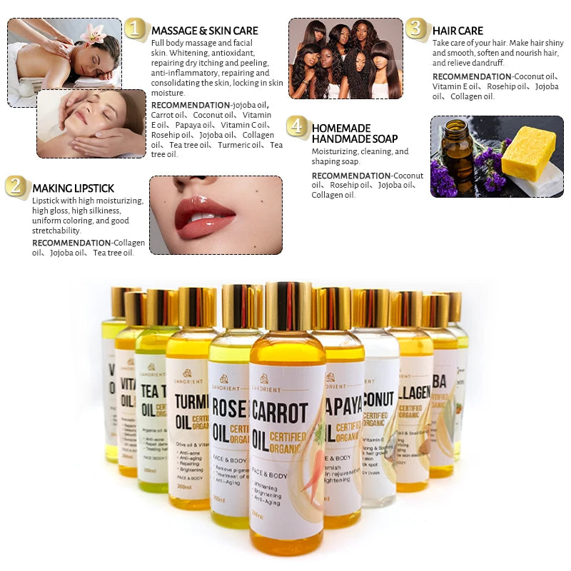 100% Natural Organic Body Care Oil Arbutin Papaya Carrot Turmeric Jojoba Coconut Collagen Skin Care Essential Oil for Women