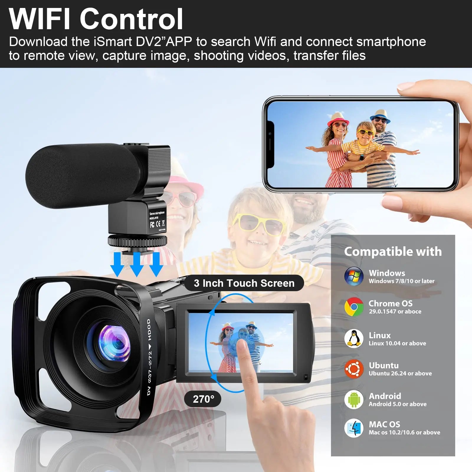 HDV255K Professional 16X Zoom WiFi Outdoor 5K HD Video Camera with SD Card 3.0-inch Touch Screen Anti-shake Good Price China