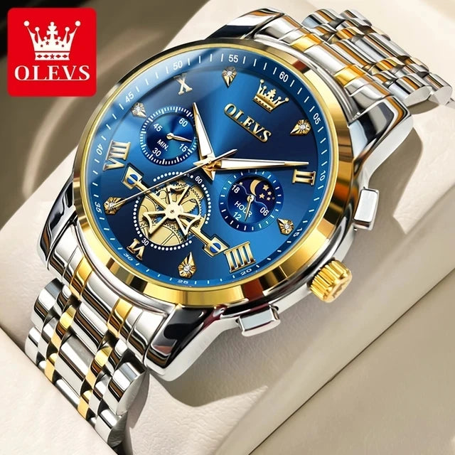 OLEVS Luxury Men's Watches Classic Roman Scale Flywheel Moon Phase Waterproof Quartz Watch for Men Classic 2856 Chronograph