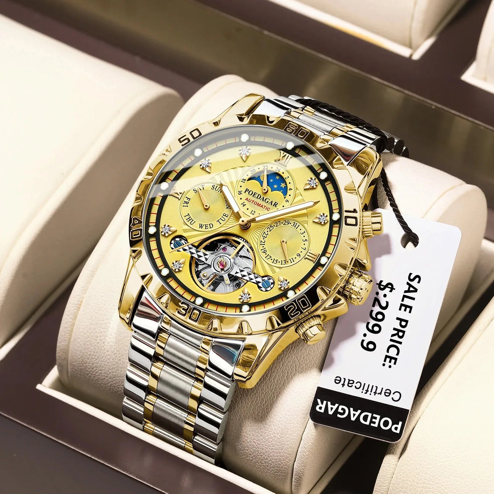 POEDAGAR 1412 Luxury Automatic Mechanical Tourbillon Waterproof Luminous Date Week Men Wristwatch Stainless Steel Men's Watches
