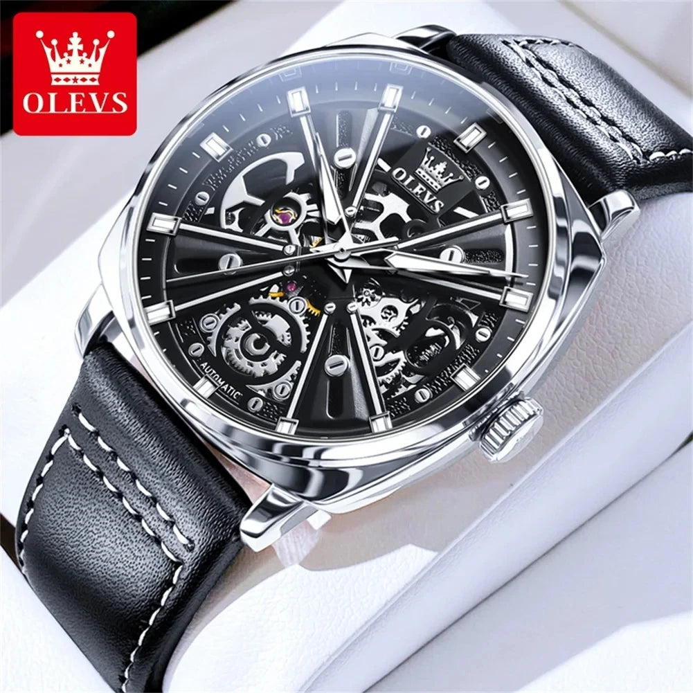 2024 OLEVS 6685 Automatic Men's Watches Hollow Out Style Automatic Mechanical Wristwatch Waterproof Luminous Leather Men's Watch