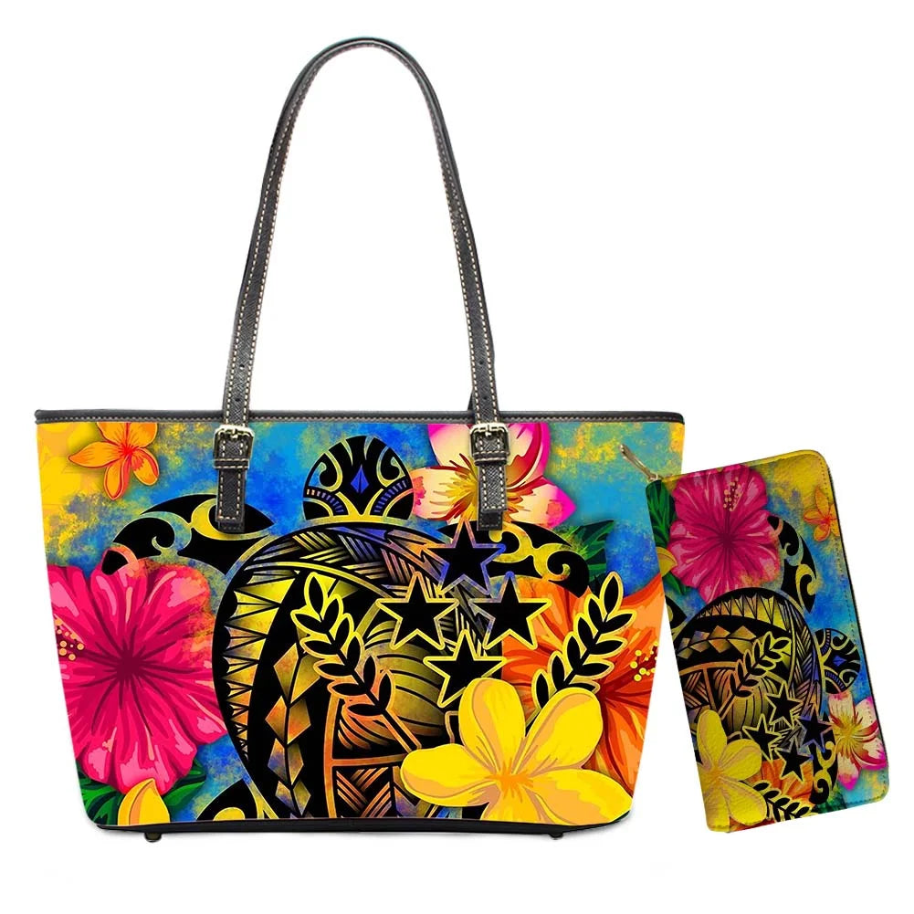 Hawaiian Flower Polynesian Design Print Women Handbags and Purses Set Customized Large Leather Tote Matching Long Zipper Wallet