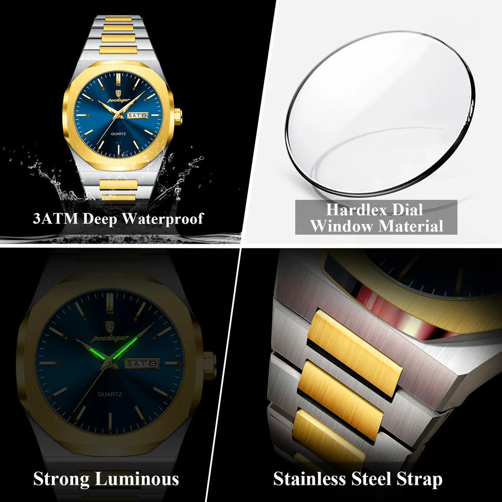 POEDAGAR 825 Men Waterproof Luminous Week Man Watch Quartz Men's Watches Luxury Casual Stainless Steel Fashion Sports Wristwatch
