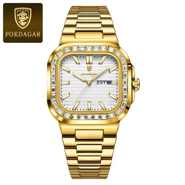 POEDAGAR New Luxury Gold Blue Quartz Watch for Men Stainless Steel Waterproof Luminous Date Week Fashion Square Men's Watches