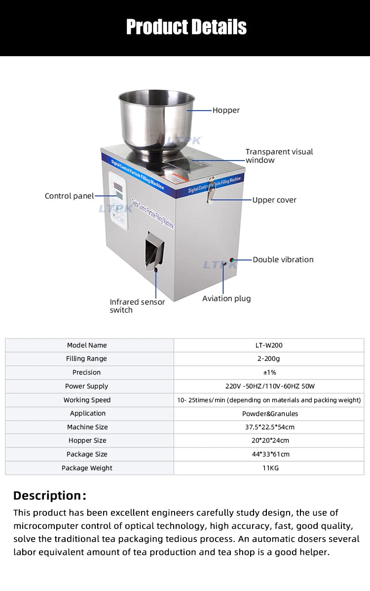 LTPKLT-W200 200g Semi Automatic Coffee Beans Grain Powder Rice Popcorn Soda Sugar Snack Candy Rice Weighing Filling Machine