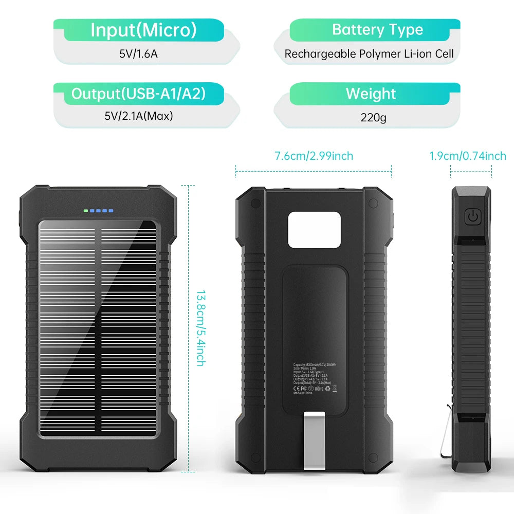 New Product Ideas 2026 Real 8000mAh Portable External Battery Solar Power Bank With LED Flashlight Large Capacity Power Bank