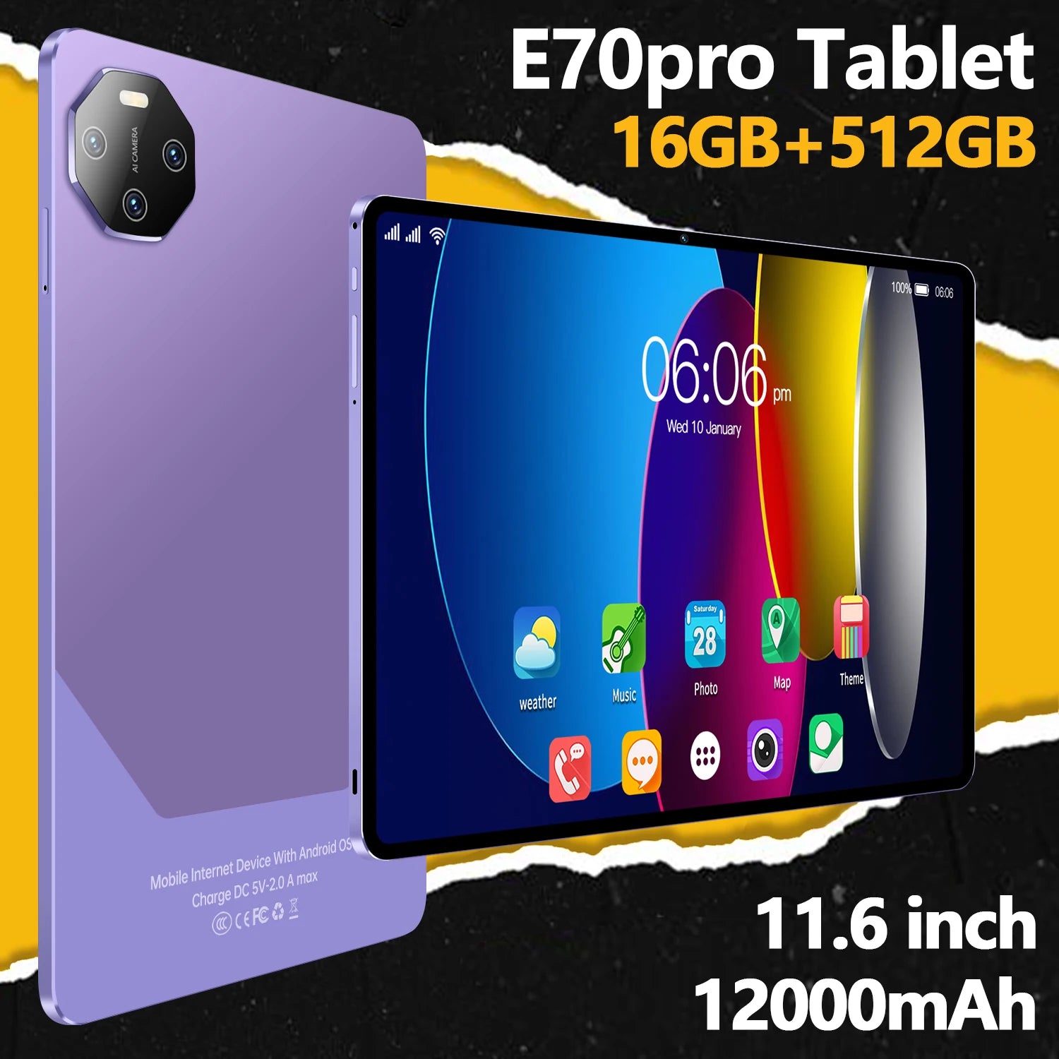 2025 NEW E70 Pro Tablet PC With 11.6-inch HD Screen 12000mAh Battery  MTK Octa Core CPU 16GB+512GB Storage  Android 13 System