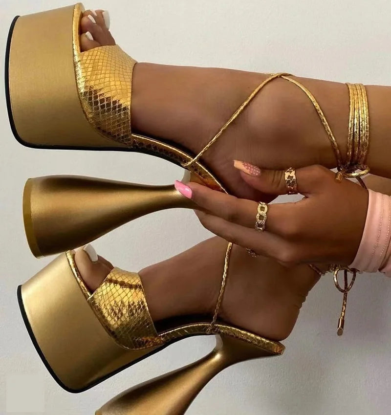 2023 Sandalias Mujer Tacones Talons Femme17CM Shoes Women Cup Block Heel Platform Lace up Sandals Peep Toe Heels