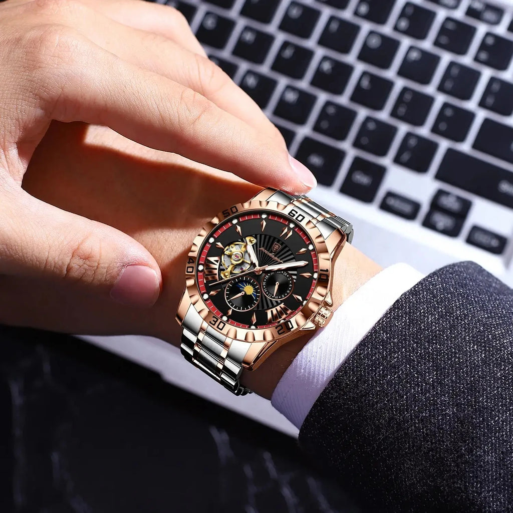 POEDAGAR 1415 Mechanical Watch Multi-functional Moon Phase Original Stainless Steel Automatic Luminous Waterproof Men's Watches