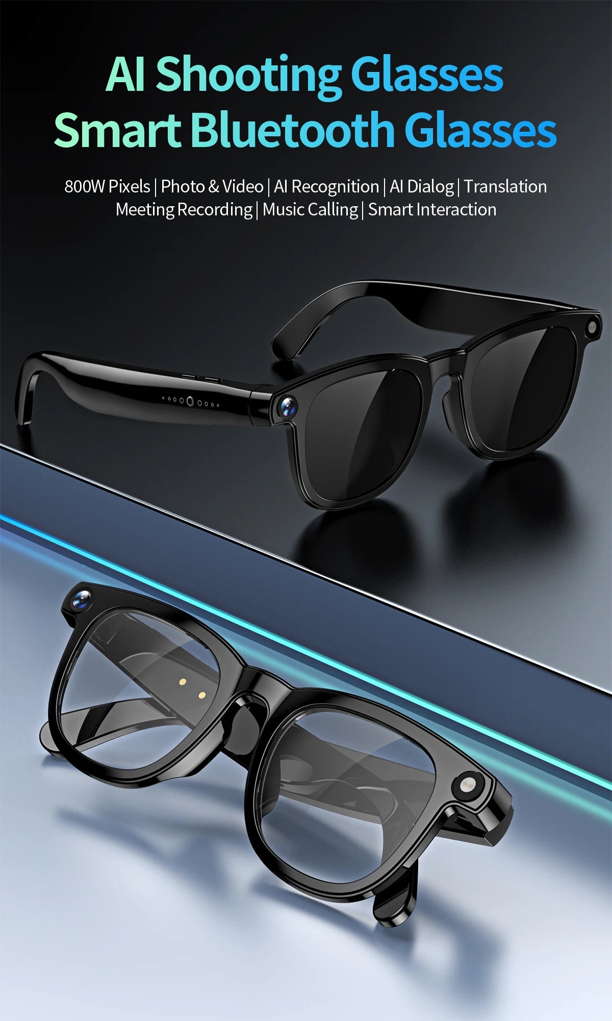 CY-01 8MP Camera Smart Glasses Audio AI Translator and Video Recording Function Wearable Headset WIFI Connectivity Sunglasses