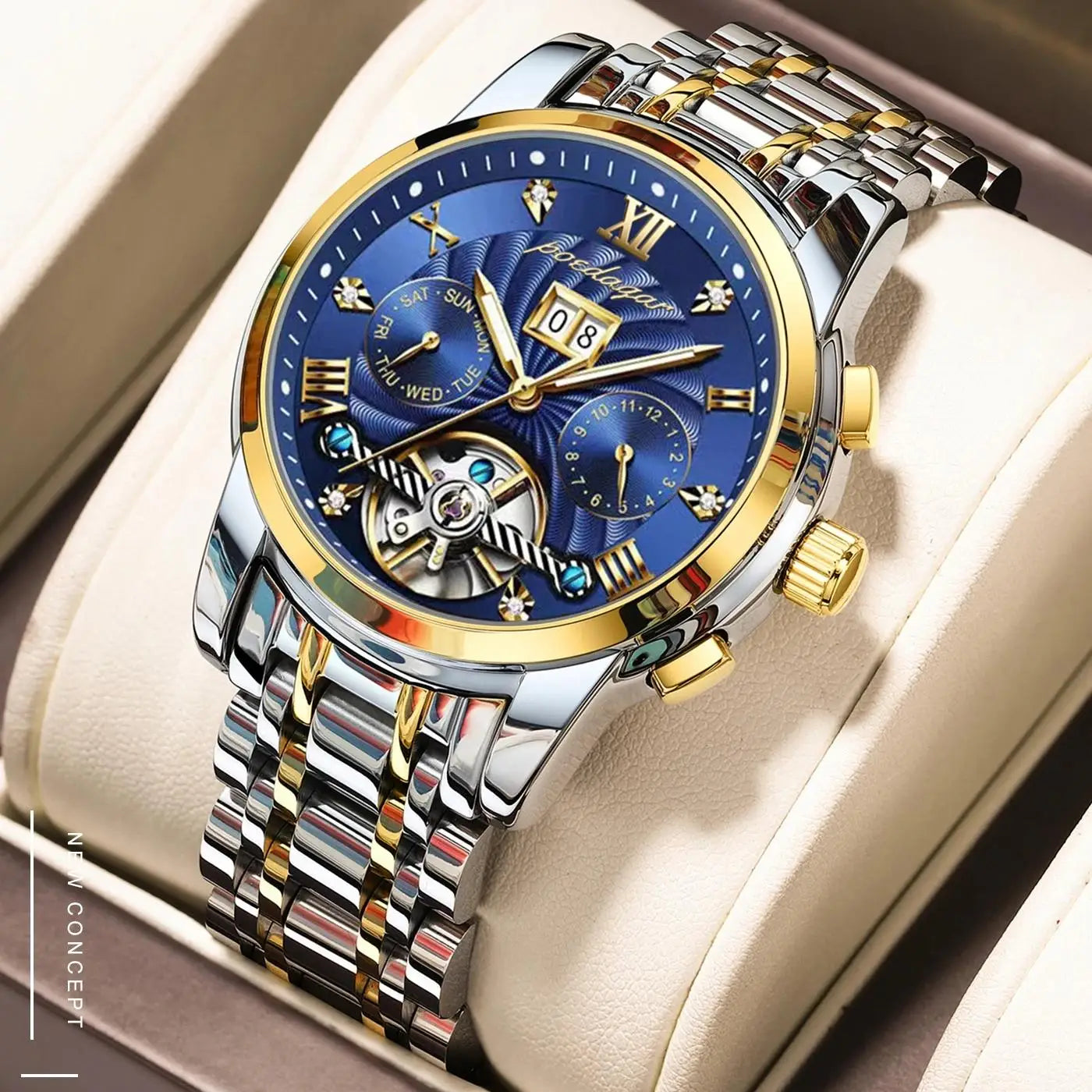 POEDAGAR 1408 Waterproof Date Stainless Steel Belt Men's Watches Luxury Hollow Tourbillon Automatic Mechanical Men Wrist Watch
