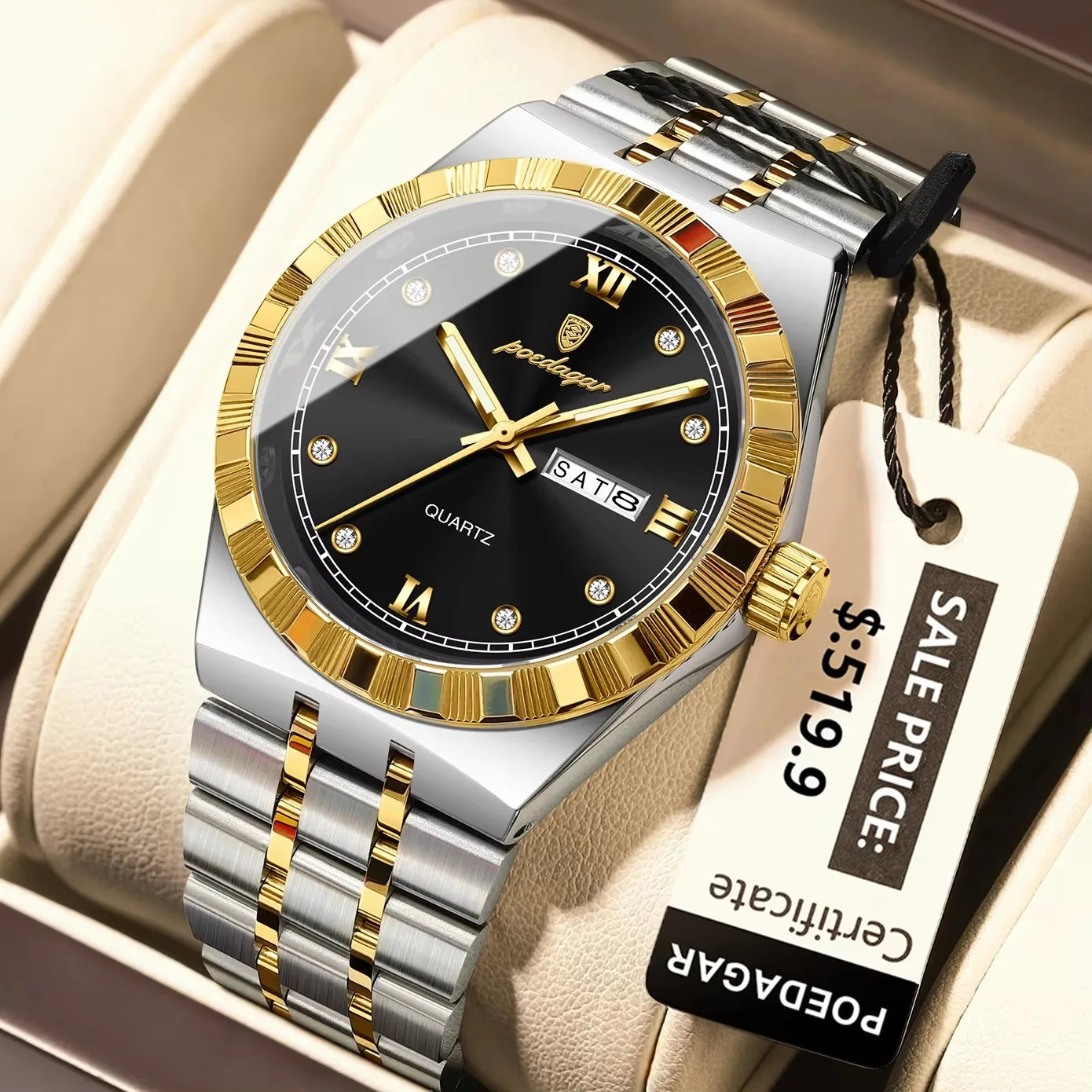 POEDAGAR 872 Week Date Watch Men Life Waterproof Original Diamond Wristwatch Quartz Reloj Luminous Stainless Steel Men's Watches
