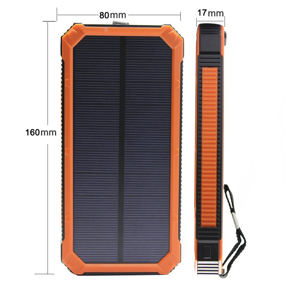15000mAh Waterproof Solar Power Bank Dual USB Ports Camping Phone Charger External Backup Battery Pack Holder for Cell Phones