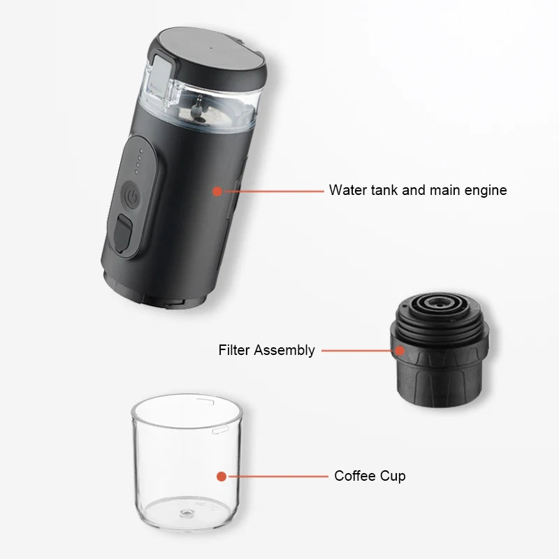 Small Home Fully Automatic Coffee Maker Portable USB/Battery Powered Capsule Compatible 15-18bar Pressure Lightweight Black