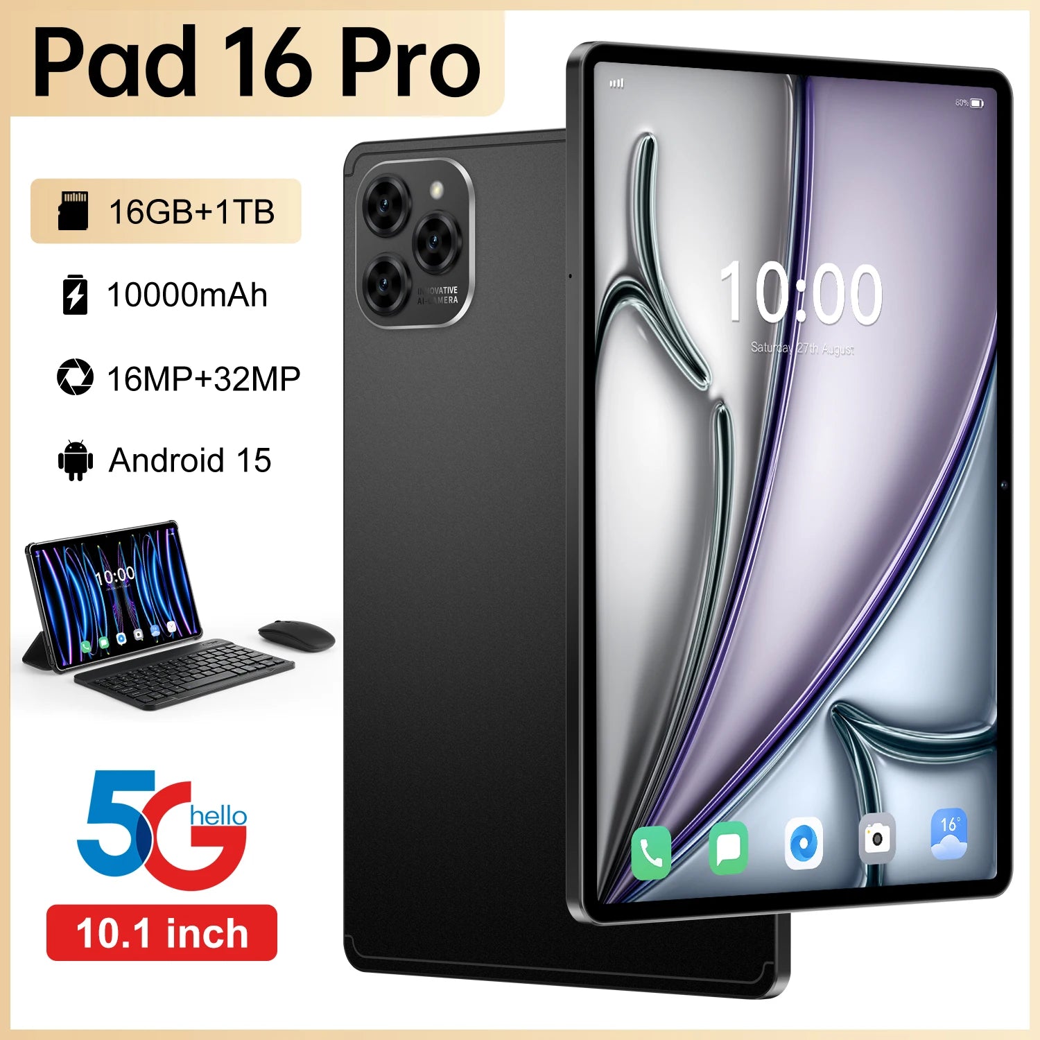 Wholesale 5GTablet Tablet for Pad 16 Pro | 10.1" 16GB+1TB Android 15 | 10000mAh Battery 5G WiFi