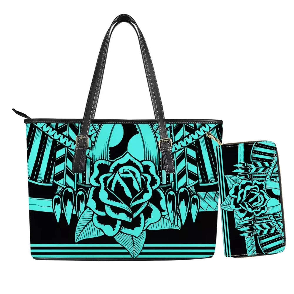 Hawaiian Flower Polynesian Design Print Women Handbags and Purses Set Customized Large Leather Tote Matching Long Zipper Wallet