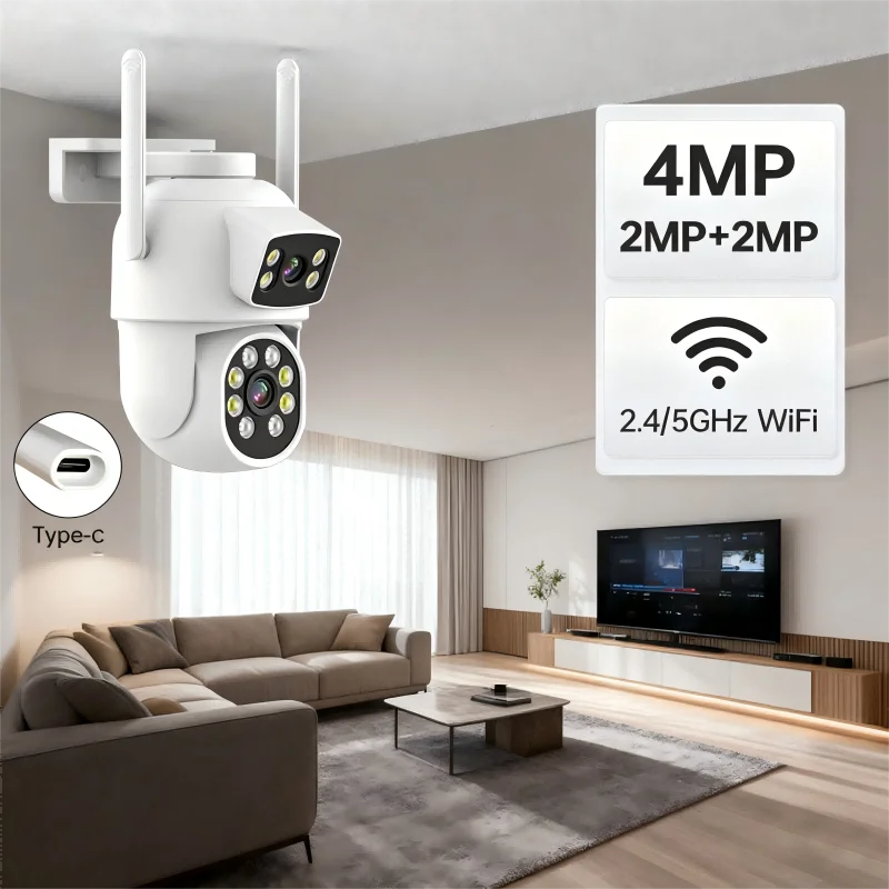Manufacturer Eseecloud 4MP Dual Lens Dual-screen WIFI Security Camera Wireless Waterproof CCTV Outdoor Camera Home