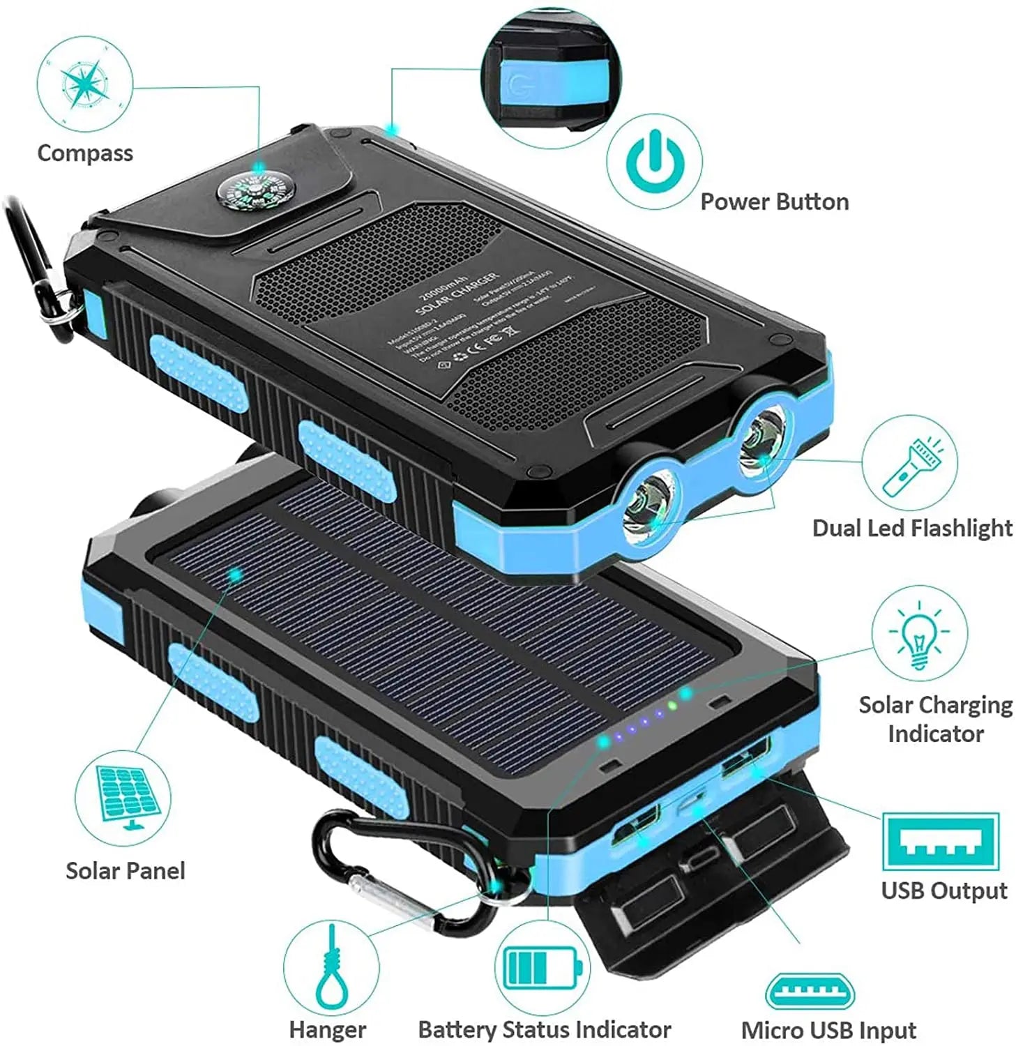 Outdoor Portable 20000mah Solar Power Bank Dual Usb 5V 2A Camping Solar Battery Pack Solar Power for Phone