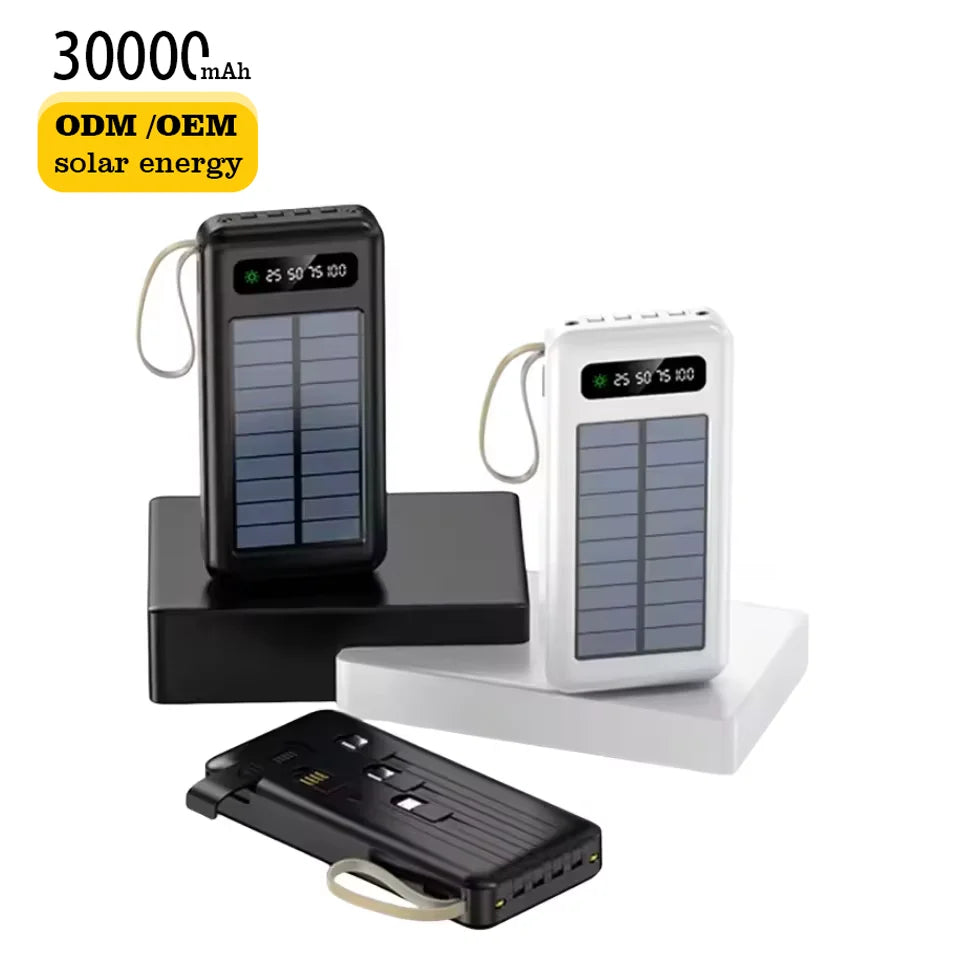 Lanyard Design Comes with Mobile Phone Holder 2USB Output 1 to 4 Output Charging Cable 30000mah Solar Power Bank