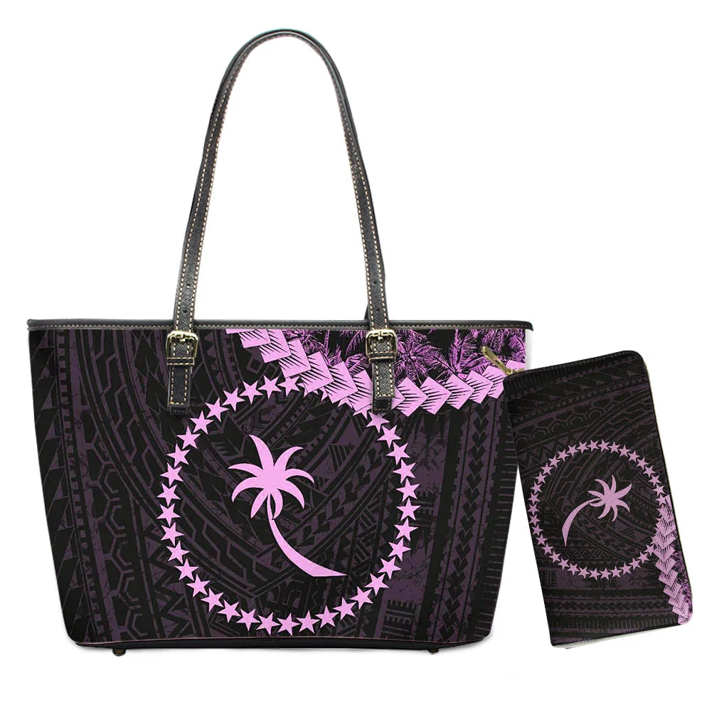 Hawaiian Flower Polynesian Design Print Women Handbags and Purses Set Customized Large Leather Tote Matching Long Zipper Wallet