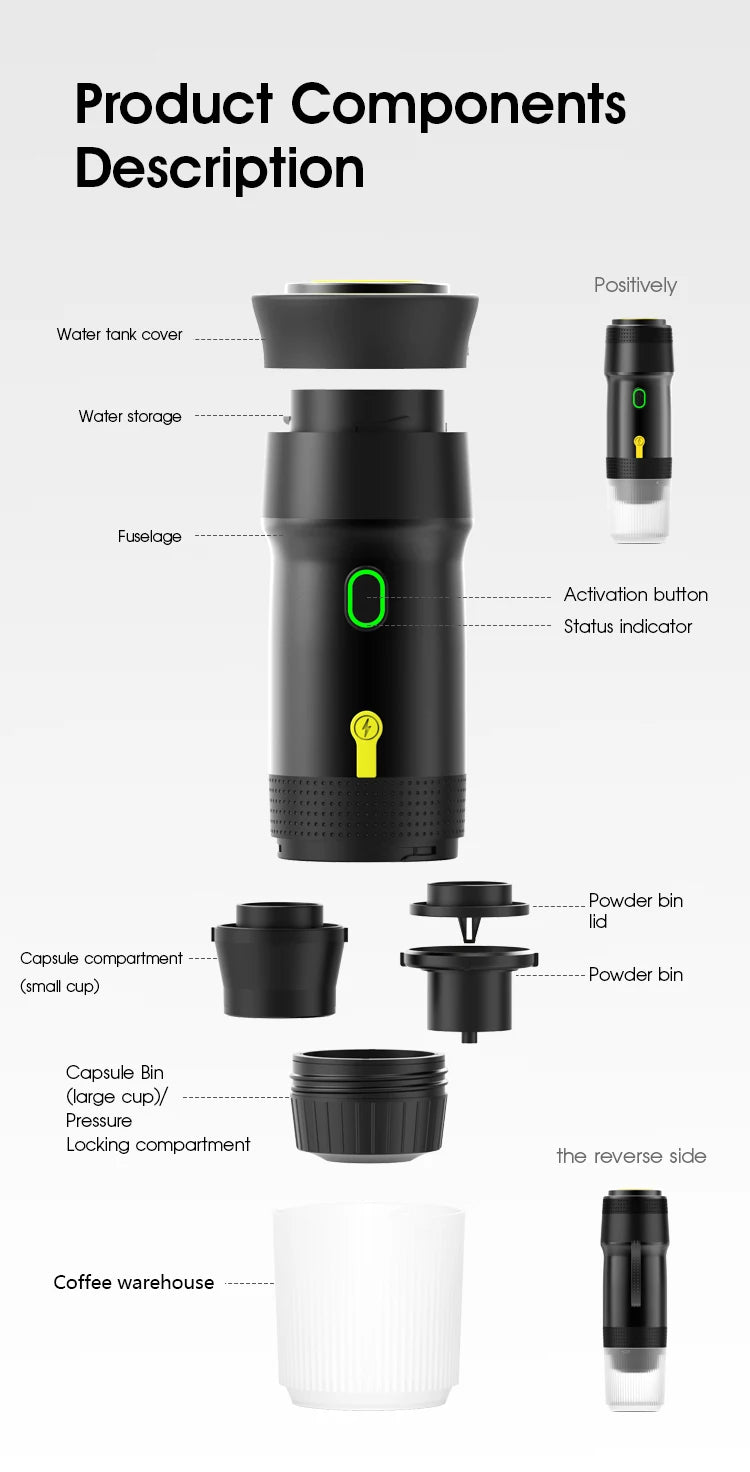 Rechargeable Fully Automatic Coffee Machine 20bar USB Portable Espresso Maker Plastic Housing 0.6L Water Tank Heating Function