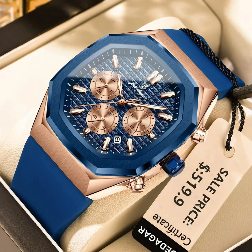 POEDAGAR 893 Luxury Watch Male Soft Silicone Strap Sports Man Wrist Waterproof Luminous Chronograph Date Quartz Men's Watches
