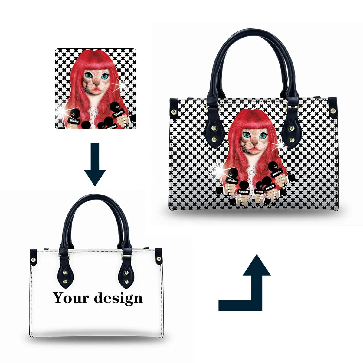New Cat Pattern Hard Botton Tote Bag Women Handbags Ladies 2023 Luxury Leather Beautiful Ladies Handbags