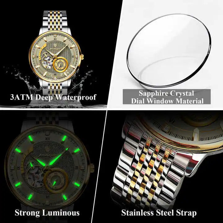 POEDAGAR 1416 Mechanical Stainless Steel Men's Watches Reloj Top Luxury Men Luminous Hollow Tourbillon Automatic Man Wristwatch