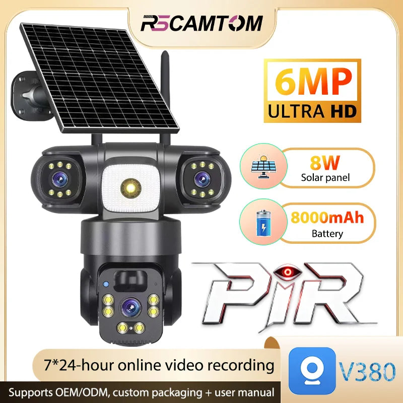 Rscamcom V380pro 6MP 4g Sim Card Three Lens Solar Wireless Cameras Outdoor Cctv Ptz Surveillance Security Camera Solar