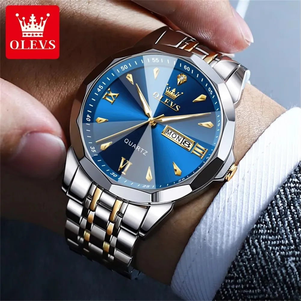 OLEVS 9998 Luxury Male Dual Calendar Luminous Wristwatch Fashion Original Men's Watches Waterproof Stainless Steel Quartz Watch
