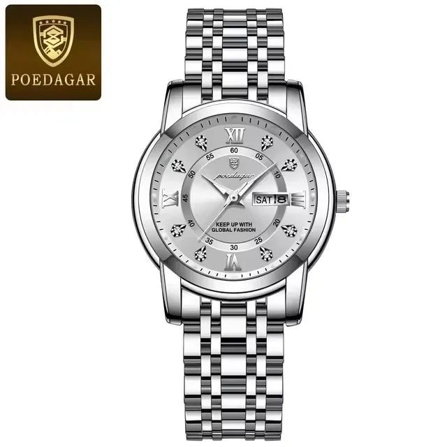 POEDAGAR Women Wristwatch 769 Luxury Diamond Quartz Ladies Watch Waterproof Stainless Steel Luminous Date Week Women's Watches