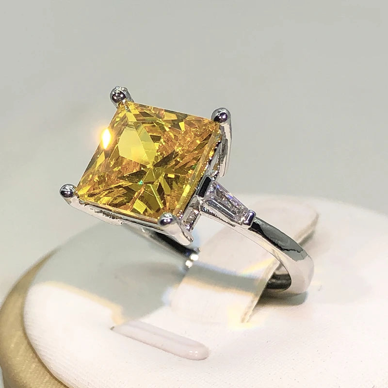 925 Silver Cute Female Yellow Stone Ring Silver Color Wedding Jewelry Crystal Promise Engagement Rings For Women