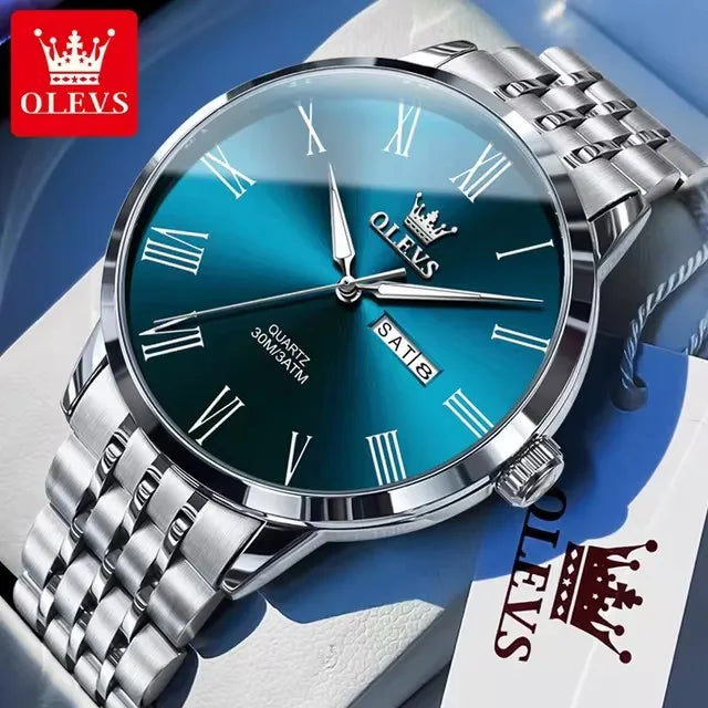 OLEVS 3633 Men's Watches Stainless Steel Business Quartz Watch for Man Waterproof Luminous Dual Calendar Display Wristwatch