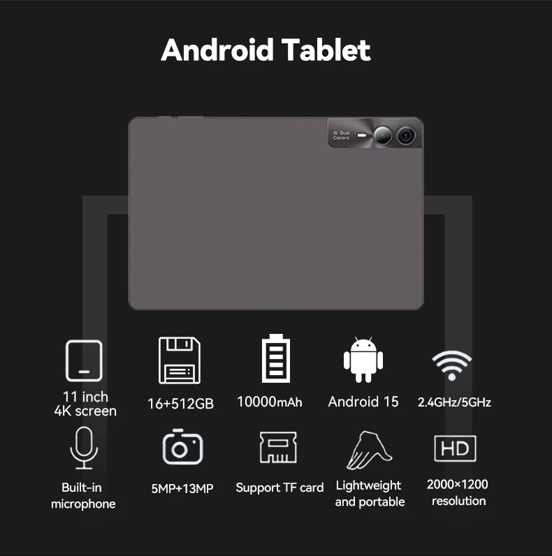 Brand High Quality Android 15 11" 16GB +512GB Dual Sim Card 2in1 Laptop 4G 5G Tablet PC Computer Tablette Tableta with Keyboard