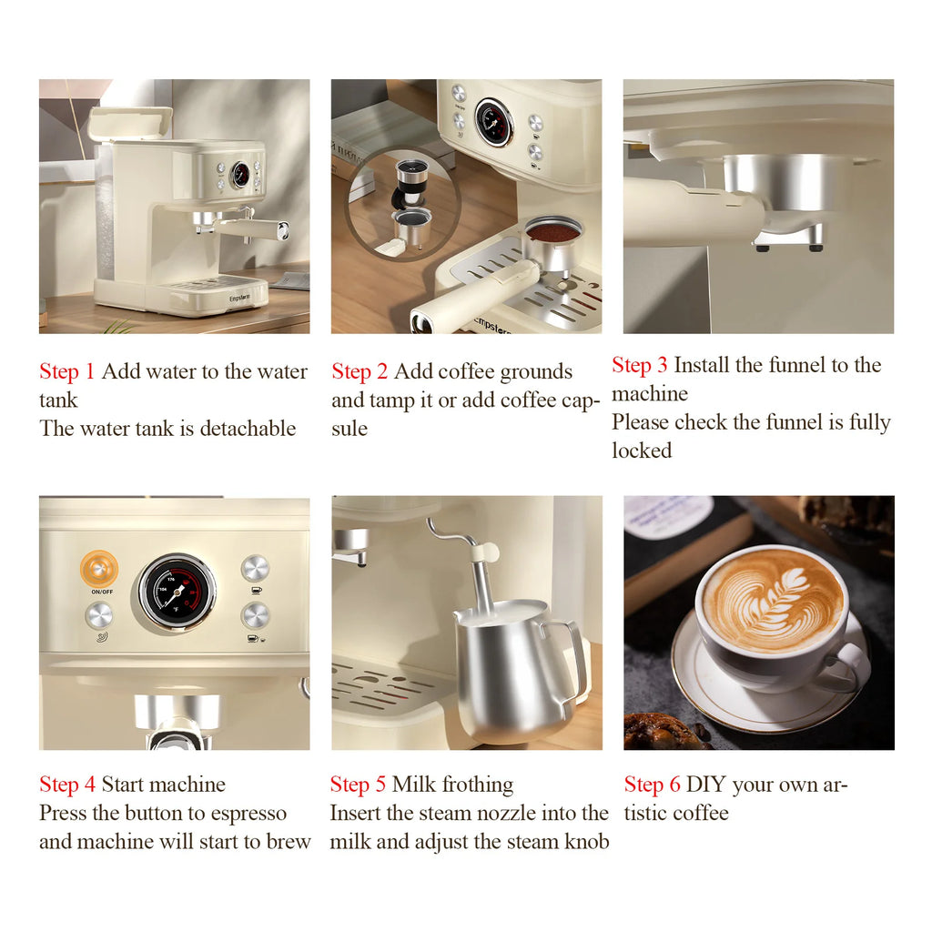 For 04E High Quality Aluminum Semi-Automatic Coffee Machine with 20 Bars Pressure 1100W for Espresso Cappuccino & Latte