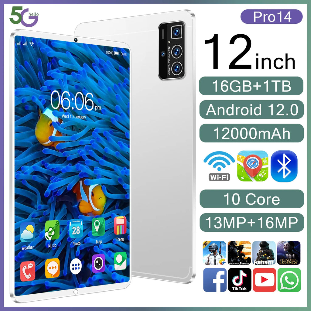 Educational Android Tablet with Phone Call Feature 10.1 Inch Dual SIM 16GB+1TB  Pro 14 Branded