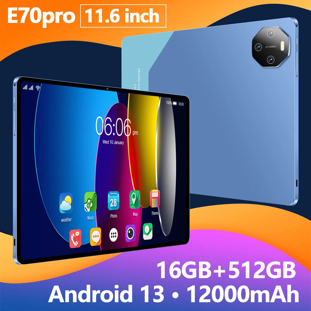 2025 NEW E70 Pro Tablet PC With 11.6-inch HD Screen 12000mAh Battery  MTK Octa Core CPU 16GB+512GB Storage  Android 13 System